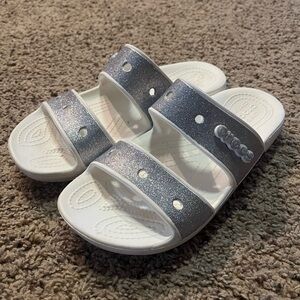 Women’s Glitter Slide Sandals - Silver and White